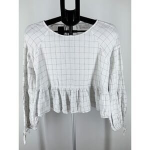 Mustard Seed White Windowpane Grid Crop Top Long Sleeve Peplum Open Back M